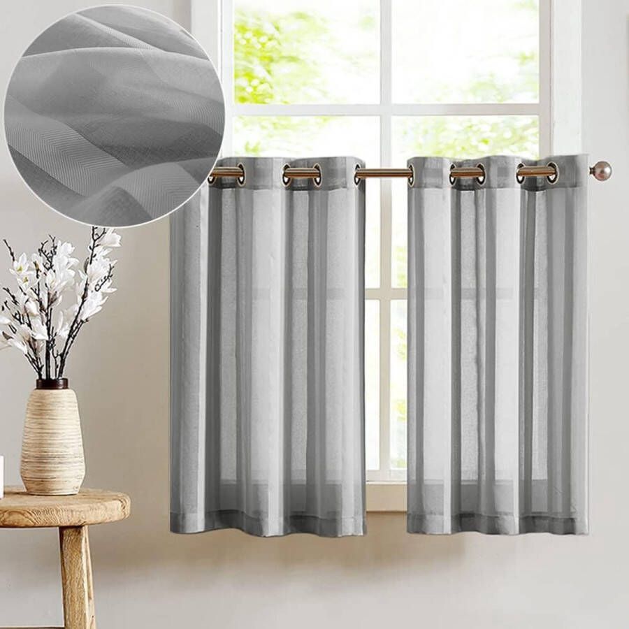 Sheer Vitrage met oogjes transparant bistrogadine landhuisstrepen voile keukengordijn gestreept voor badkamer klein raam decoratie 90 x 90 cm (b x h) grijs set van 2