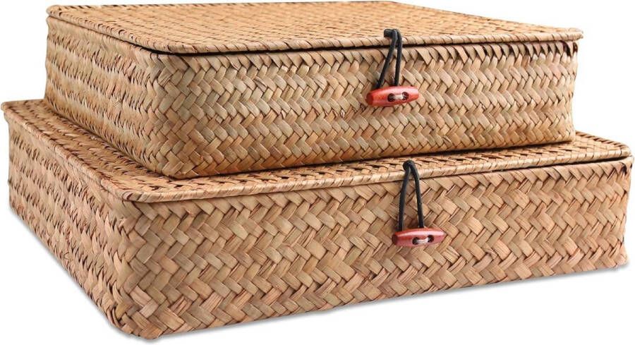 Shelf Baskets with Lids Wicker Storage Baskets for Shelves Organizing Natural Seagrass Rattan Woven Organizer Boxes Boho Home Decor Set of 2 Natural