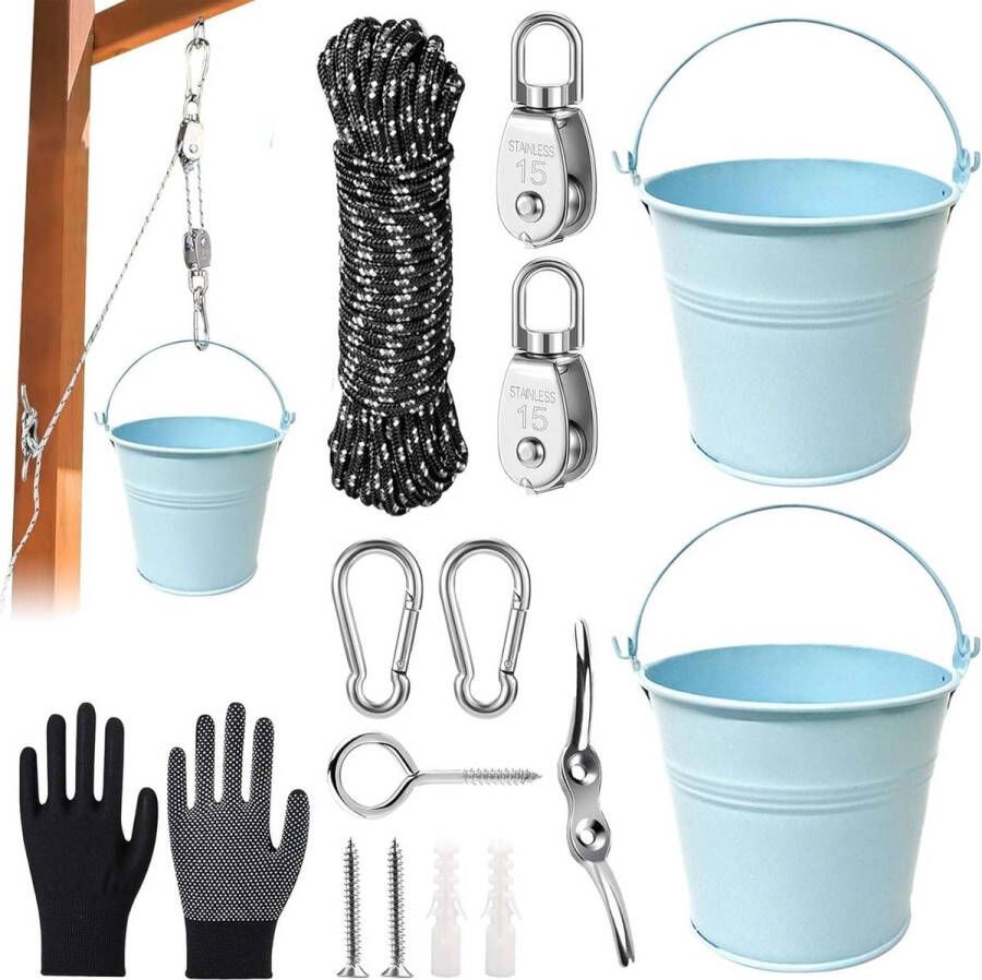 Shengruili Flessentrein voor kinderen boomhuis speeltoren accessoires tuinspeelgoed riemschijf met emmerkabel kinderriemschijf met metalen emmer boomhuis tuin accessoires voor boomhuis
