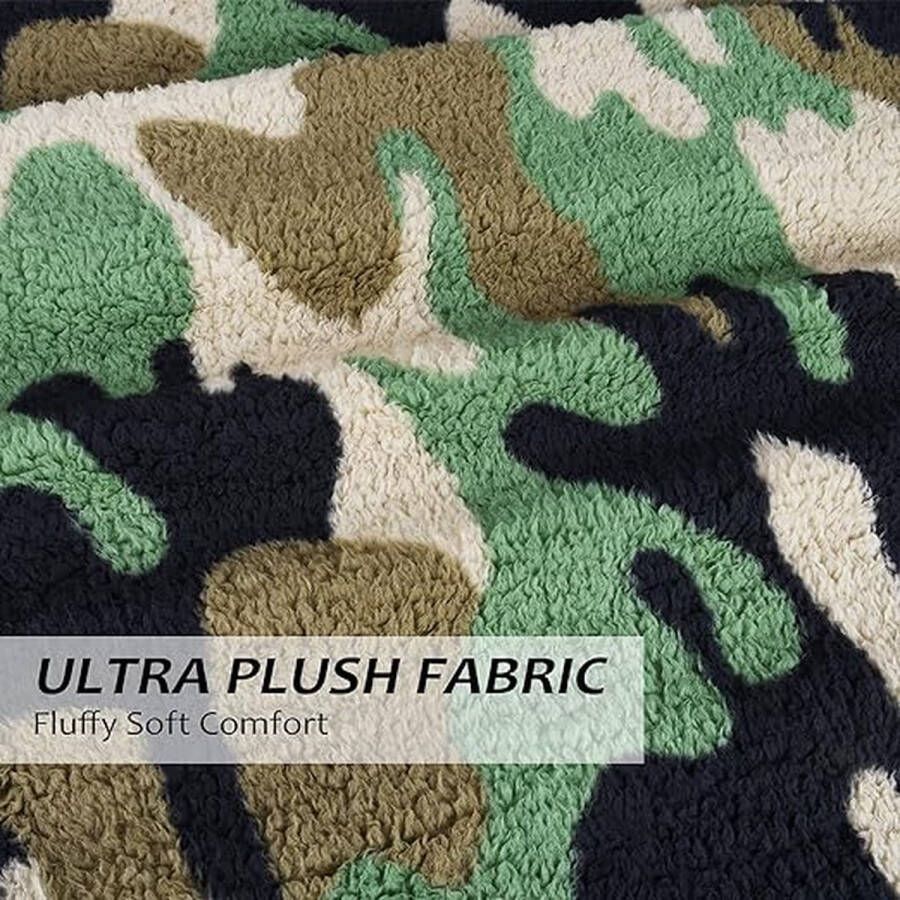 Sherpa-deken pluizige knuffeldeken voor camping reizen bankbed superzacht licht omkeerbaar het hele jaar door te gebruiken 150 x 130 cm groen camouflage