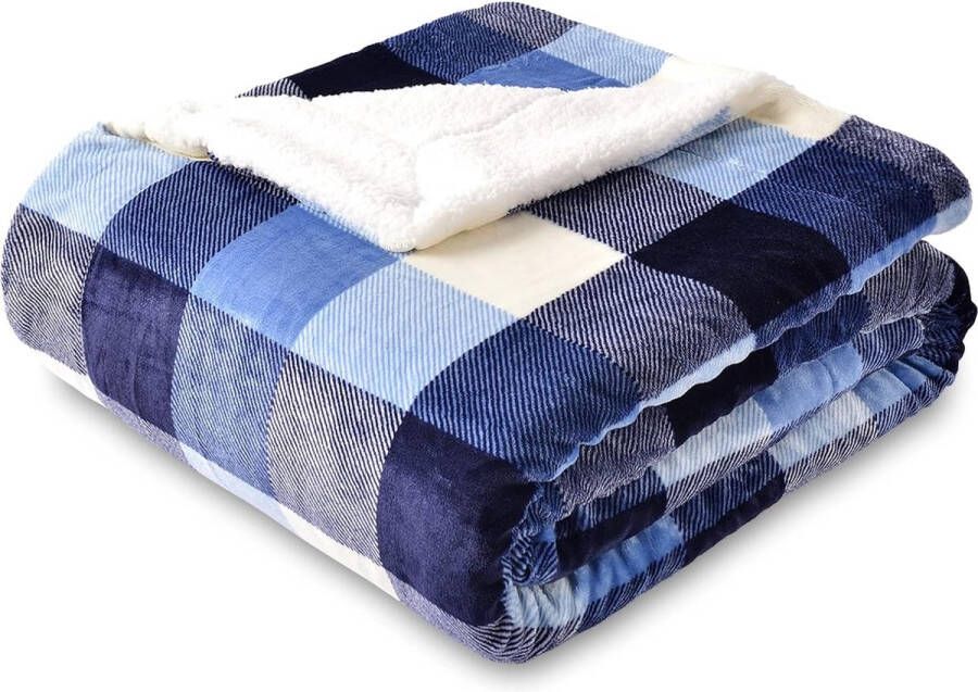 Sherpa Geruite Fleece Sprei Deken Dubbelzijdige Super Zachte Luxe Beddengoed Deken 150 cm × 200 cm Blauw Wit