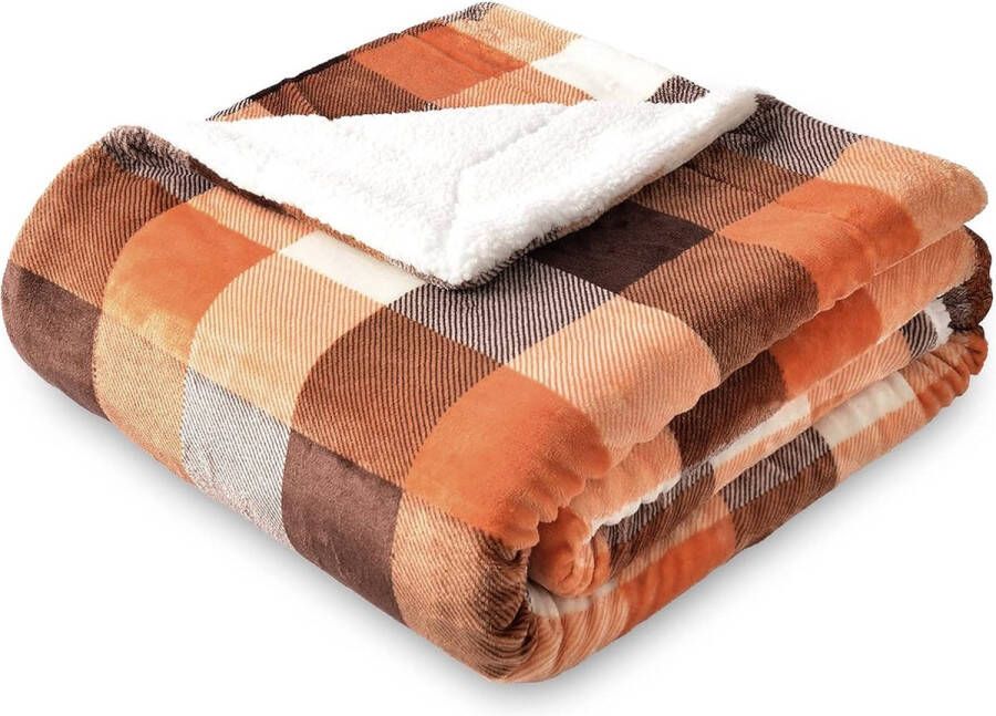 Sherpa Geruite Fleece Sprei Deken Dubbelzijdige Super Zachte Luxe Beddengoed Deken 150 cm × 200 cm Oranje