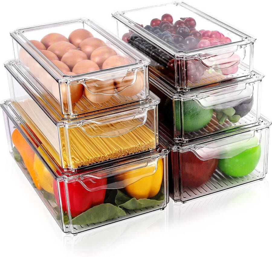 Shine Fridge Organizer Set van 6 opbergdozen koelkast met deksel transparante koelkastdozen stapelbaar opbergdoos koelkast voor keukenkasten