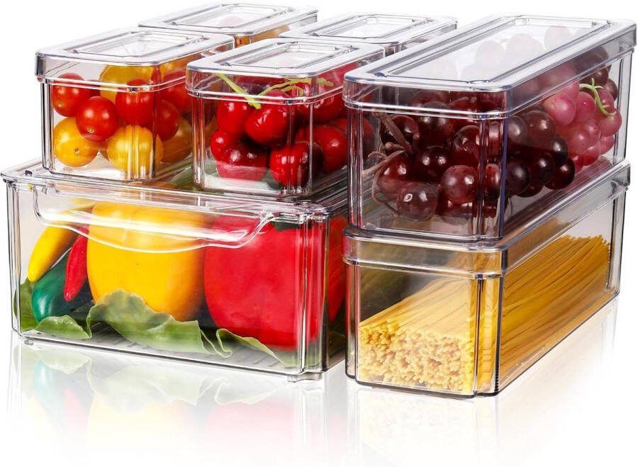 Shine Koelkast organizer- Diealles Set van 7 Opbergdozen Deksel Doorzichtige Koelboxen Stapelbaar Opbergdoos voor Keukenkasten