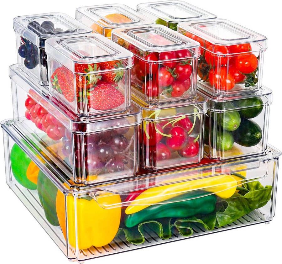 Shine koelkast organizerset set van 10 opbergdozen koelkast met deksel transparante koelkastdozen stapelbaar opbergdoos koelkast voor keukenkastjes