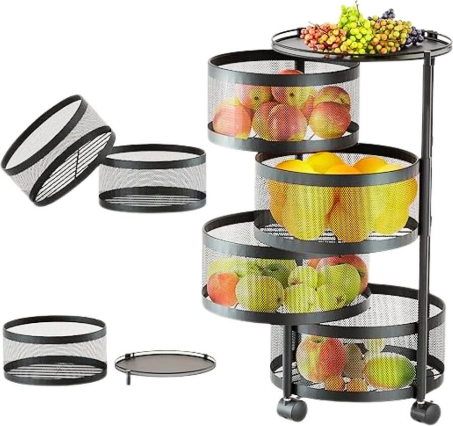 SHOP YOLO-keukentrolley op wieltjes-4-laags fruit- en groente opslag voor keuken-roterend opbergrek met wielen-fruitmand-zwart