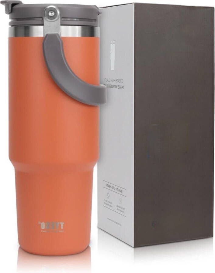 SHOP YOLO-Thermosbeker- met handvat 900 ml drinkbeker met deksel en rietje van dubbelwandige- roestvrij staal isolatie voor warme en koude dranken-Oranje