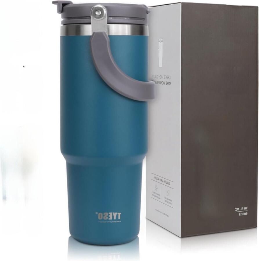 SHOP YOLO-Thermosbeker- met handvat 900 ml drinkbeker met deksel en rietje van dubbelwandige- roestvrij staal isolatie voor warme en koude dranken-zwart