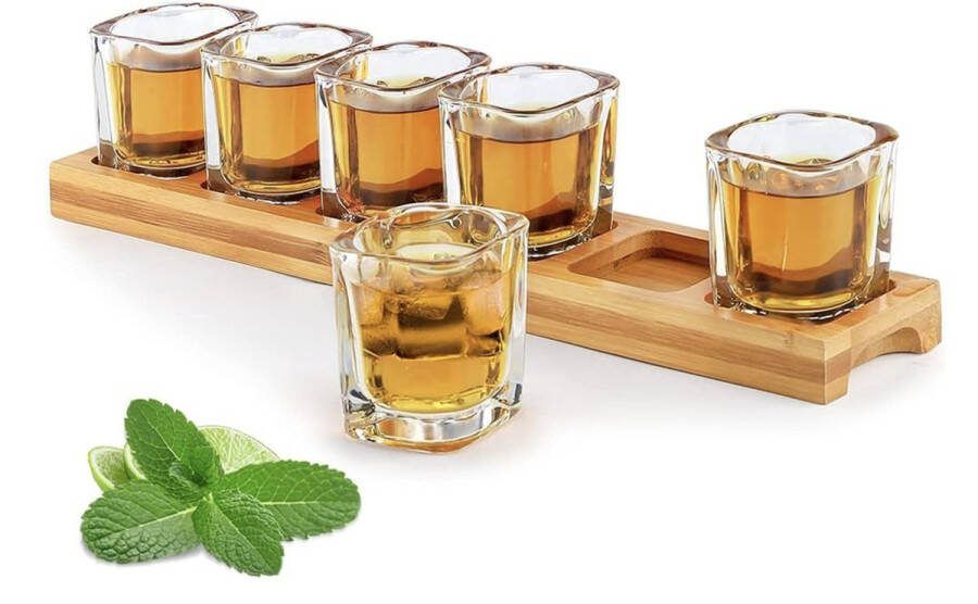 Shot Bril Set Houder en Shot Glazen Cups Bulk 60ml Set van 6 Cocktail Drankjes Serveerplank Organizer met Clear Crystal Glazen voor Liquor Shots Whisky Brandy Wodka Rum Home Party Bar