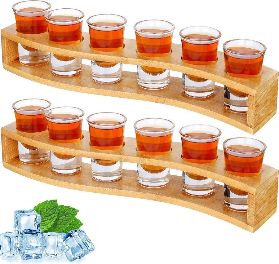 Shotglaasjes set van 12 grote grappige shotglaasjes en houder 30 ml helder kristal shotglas met dienblad serveerplank organizer voor likeurshots tequila whisky cognac wodka rum