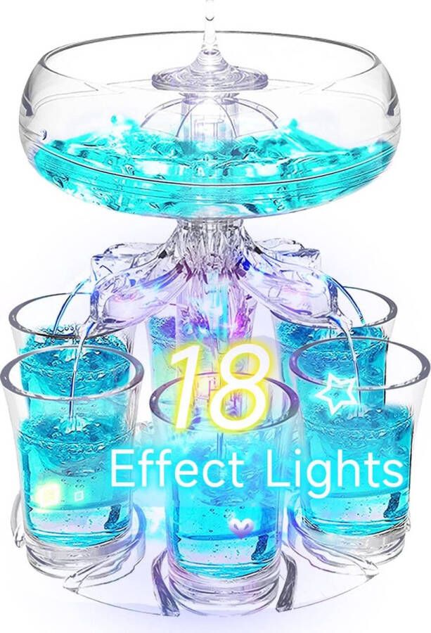Shotglasdispenser voor sap of sterke drank met 6 shotglazen van plastic 4cl Shotglasdrankdispenser met 18 effectlichten grappige barfeestdrinkaccessoires (2022 Nieuw + LED)