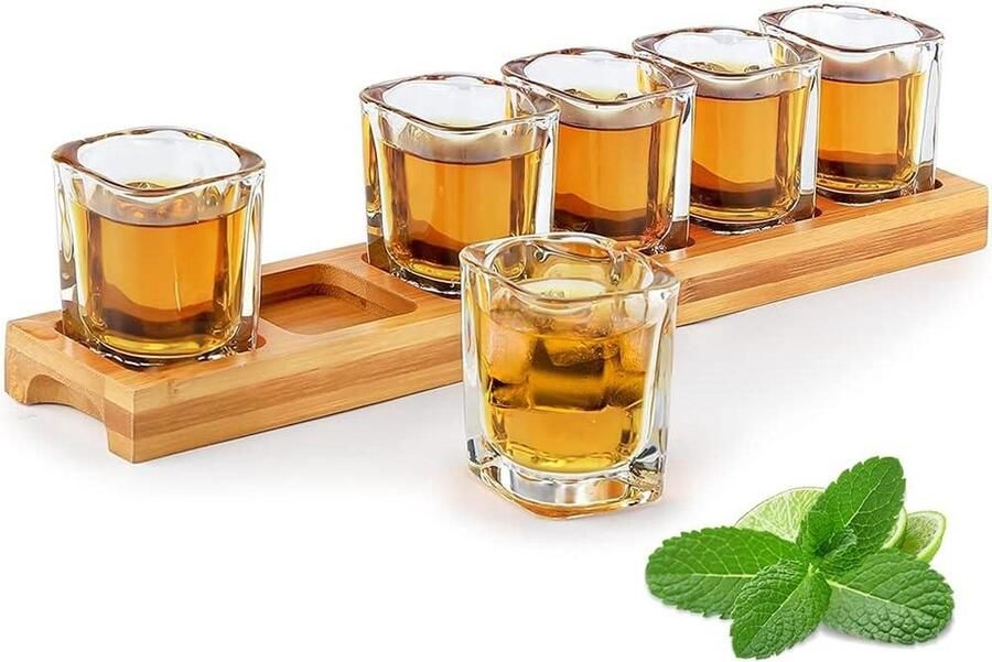 Shotglazenhouder en bekers bulk 60ml Set van 6 cocktaildranken serveerplank Organizer met heldere kristallen glazen Drank shots whisky brandewijn Wodka rum thuis party bar