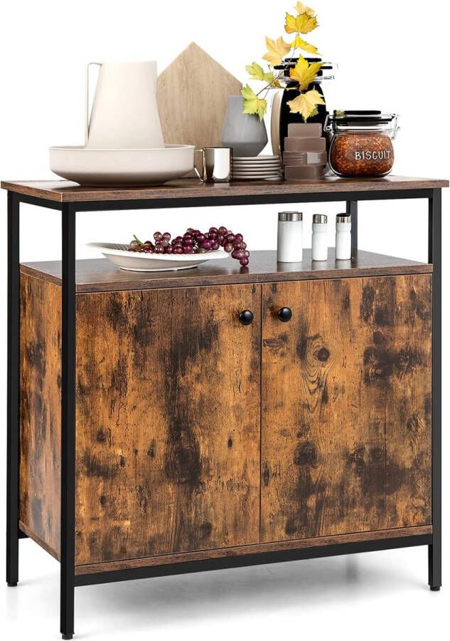 Sideboard met 3 verdiepingen kast en deuren keukenkast met open plank buffetkast opbergkast met metalen frame voor keuken eetkamer woonkamer 80 x 40 x 80 cm