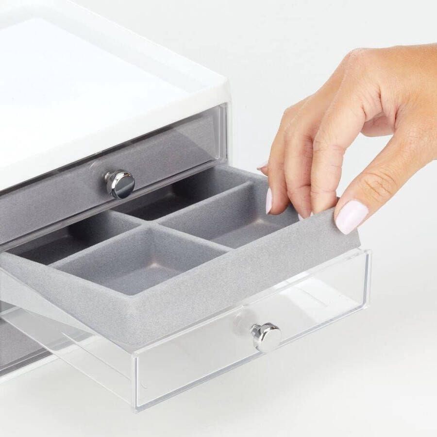 Sieradenkastje met 3 lades voor kaptafels en cosmetica Sieradenorganizer van plastic Wit grijs