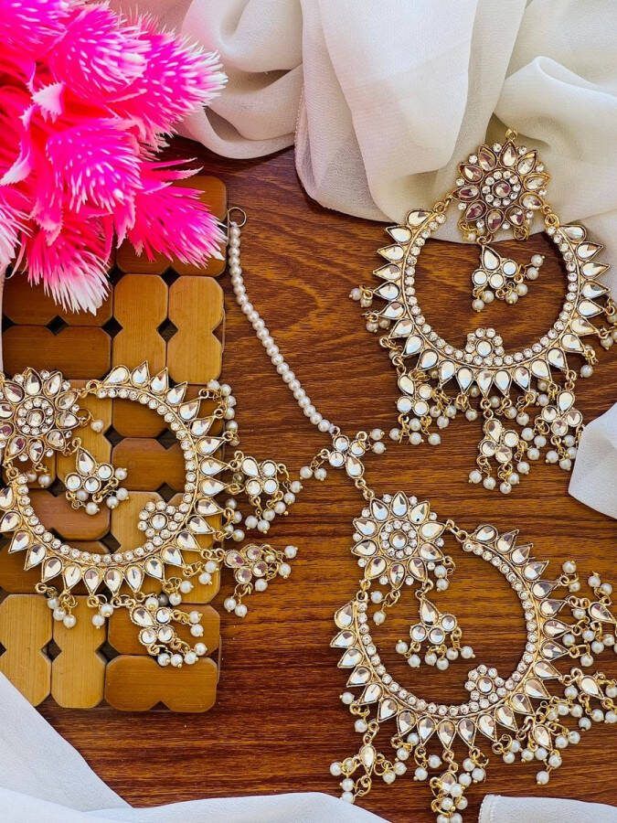 Sierden ornament earring and head piece mirror cut artificial pearl gold plated