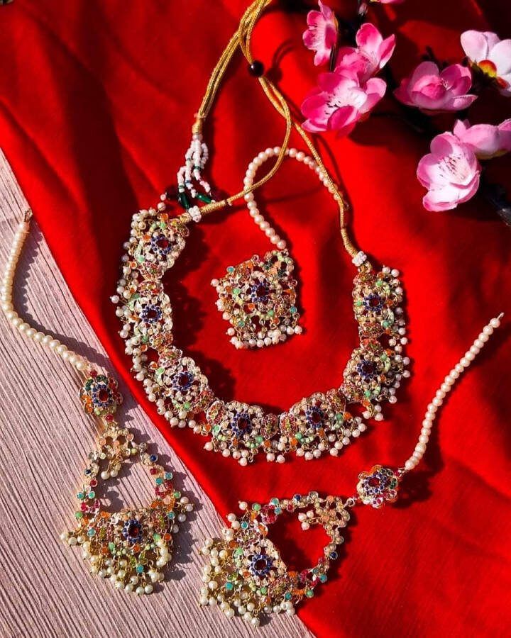 Sierden ornament gold plated necklace earring and head piece for festive wear