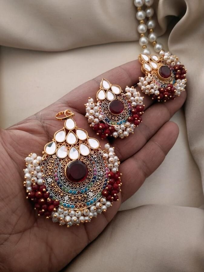 Sierden Ornament Necklace with earrings mirror kundan artificia pearl