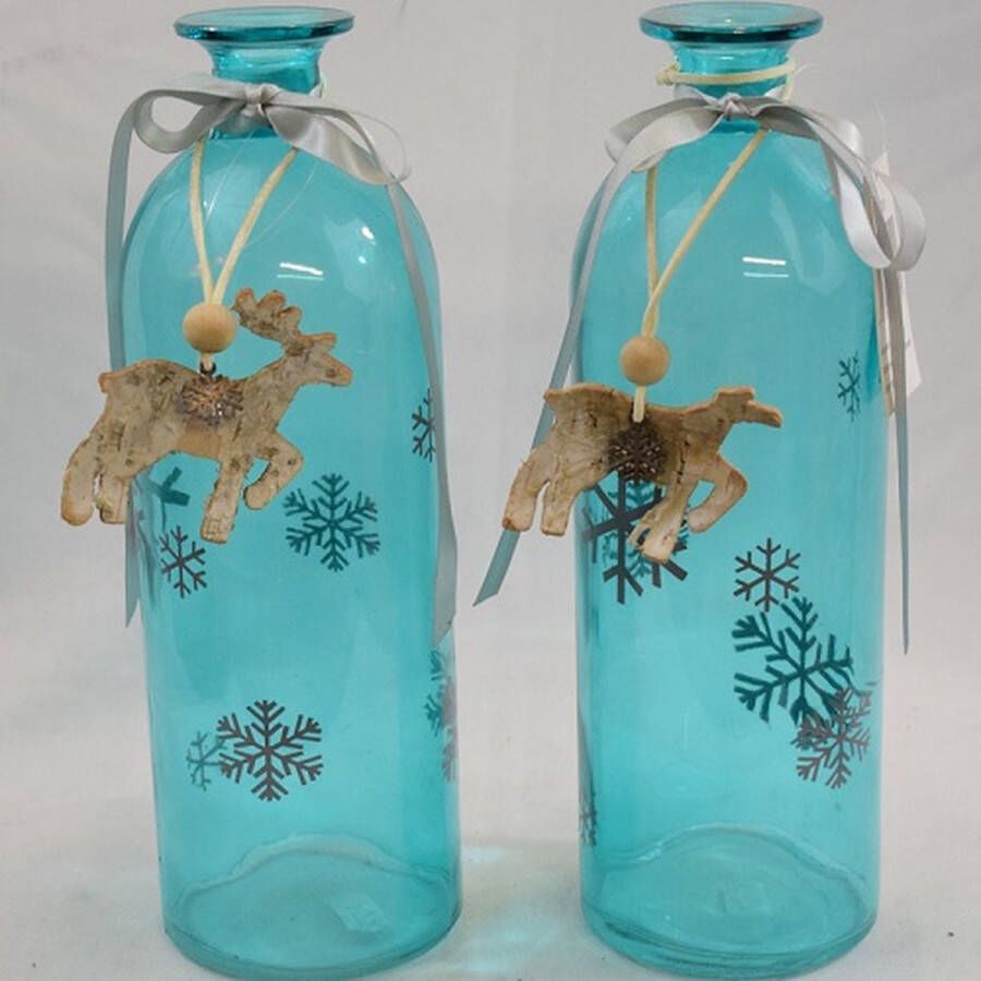 Sierfles kerstvaas kaarsenhouder kerstdecoratie lichtblauw glas met decoratie set van 2 stuks