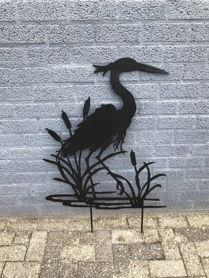 ETW Silhouette van een Reiger tuinsteker mat zwart metaal