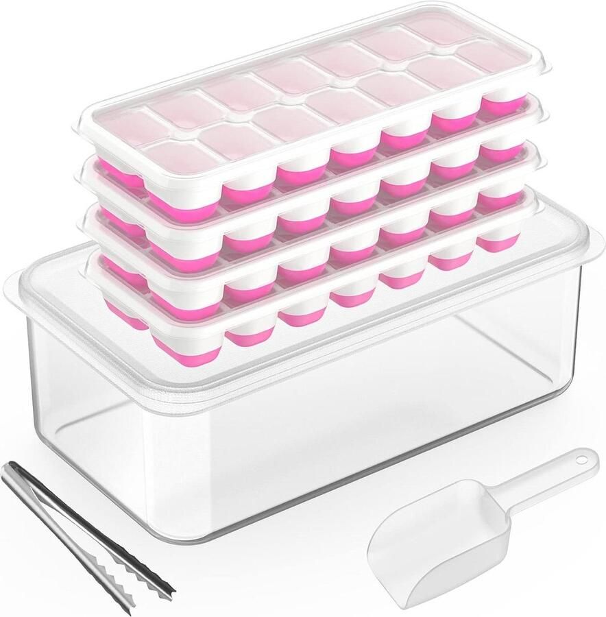 4 PACK Silicone Ice Cube Mould met deksel en tang 56 ijsblokjesvorm Babyvoeding Diepvriescontainer Roze