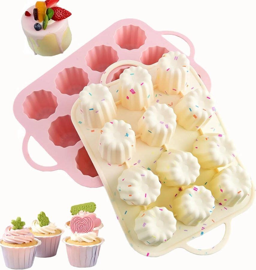 Silicone Muffinvorm (Set van 2) Bakvorm voor 12 Muffins Met Handvat Mini Cupcake Siliconen Bakvorm Geschikt voor Cupcakes Brownies Taarten