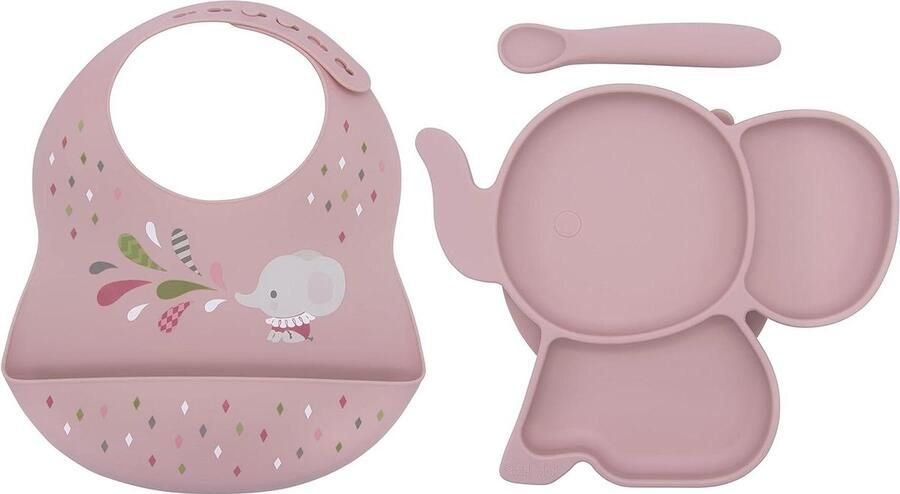 Siliconen 3-delige voederset voor baby's en peuters olifantenzuigplaat lepel en bib (roze)