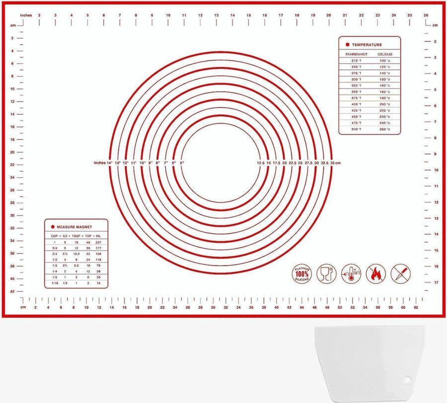 Siliconen bakmat 50 x 70 cm deegmat met deegschraper herbruikbaar antiaanbaklaag antislip siliconenmat deegmat rood met maat voor bitterkoekjes koekjes pizzadeeg