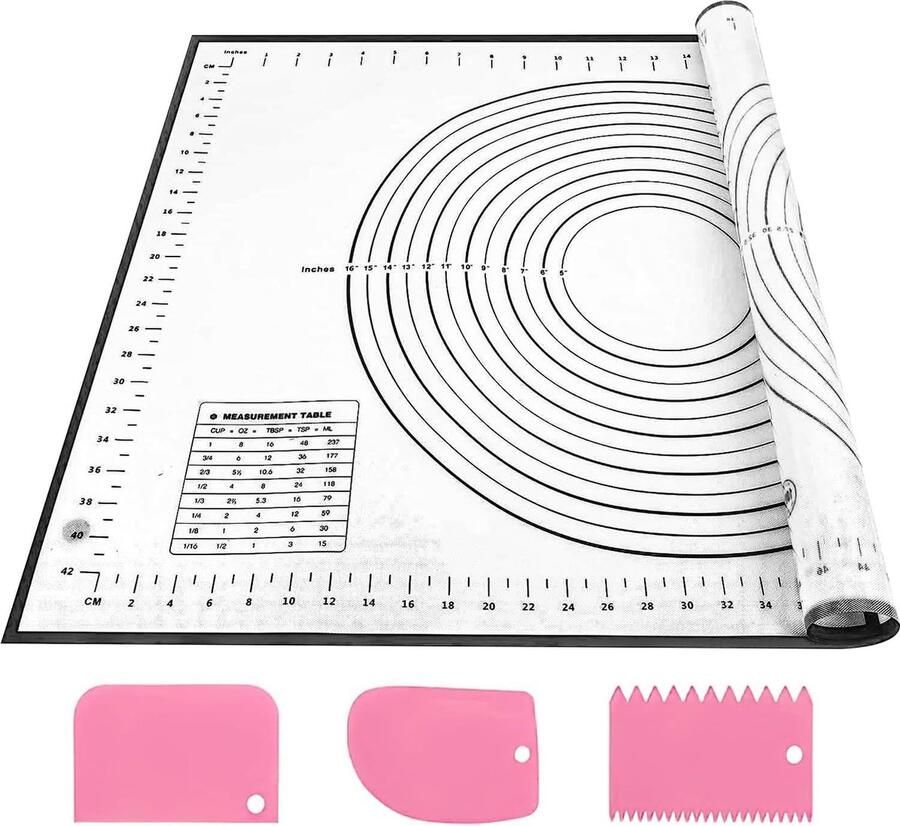 Siliconen bakmat 70 x 50 cm siliconen bakmat antislip antiaanbakdeegmat bakmat met maat rolmat voor fondantgebakpizza BPA-vrij (zwart + 3 schrapers)