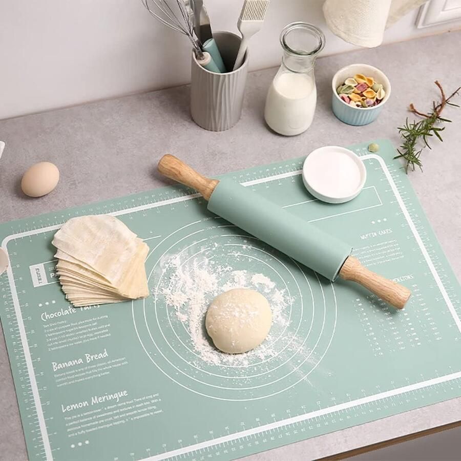 Siliconen bakmat anti-aanbaklaag anti-slip bakmat met schaalverdeling 60 x 40 cm BPA-vrij antiaanbaklaag en antislip groene tafeltop bakaccessoires voor het bakken van pizzacakes groen