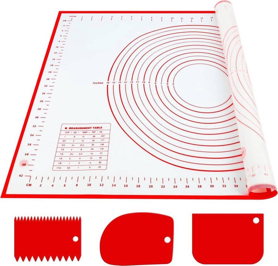 Siliconen bakmat grote bakonderlegger 70 x 50 cm anti-aanbak deegmat uitrolmat met meting met 3 deegschrapers herbruikbaar bakaccessoires voor deeg fondant macarons koekjes pizza