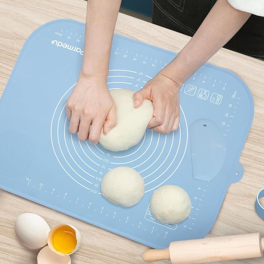 Siliconen bakmat in compact formaat: 50 x 40 cm Verdikte anti-aanbak siliconen deegmat voor kneden met opbergriem en deegsnijder hittebestendige mat