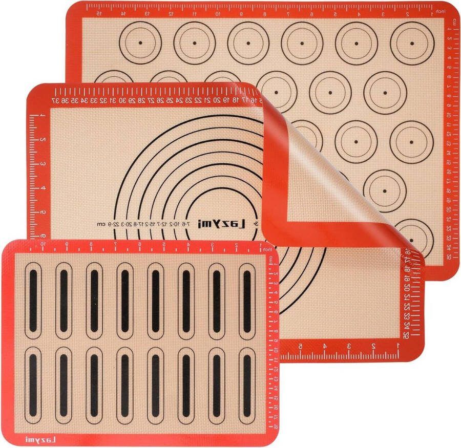 Siliconen Bakmat Set van 3 Anti-Aanbaklaag Bakken Meting Macaron Cake Brood Pizza Deegmat Rood