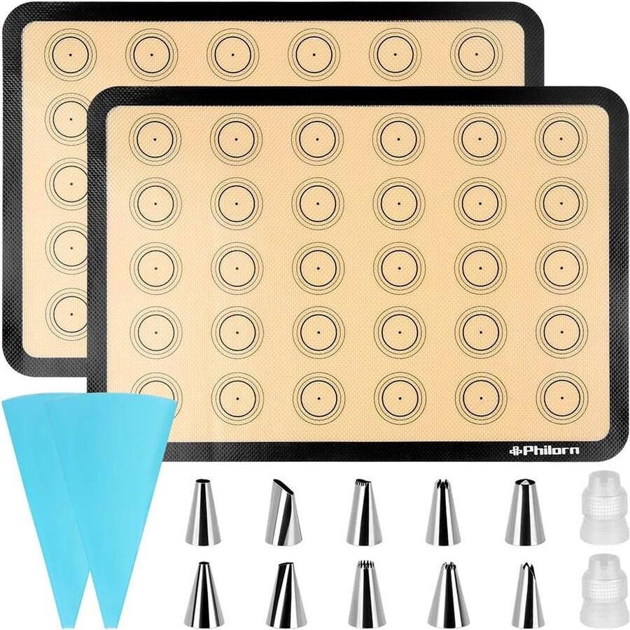 Siliconen Bakmat voor Macarons en Gebak met 14 Spuitmonden BPA-vrij 42 x 29 cm Set van 2