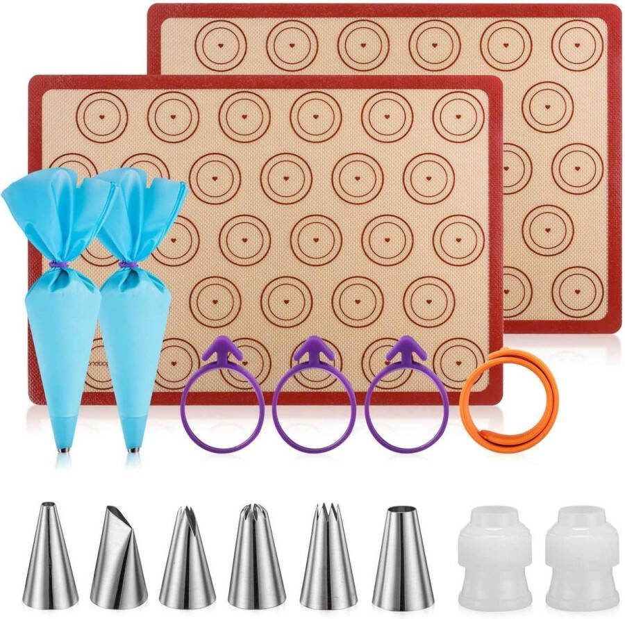Siliconen bakmatset voor macarons 42 x 295 cm met anti-aanbaklaag inclusief 6 spuitmonden 2 spuitzakken 3 zakbinders 2 koppelingen en 1 opberg-snapband