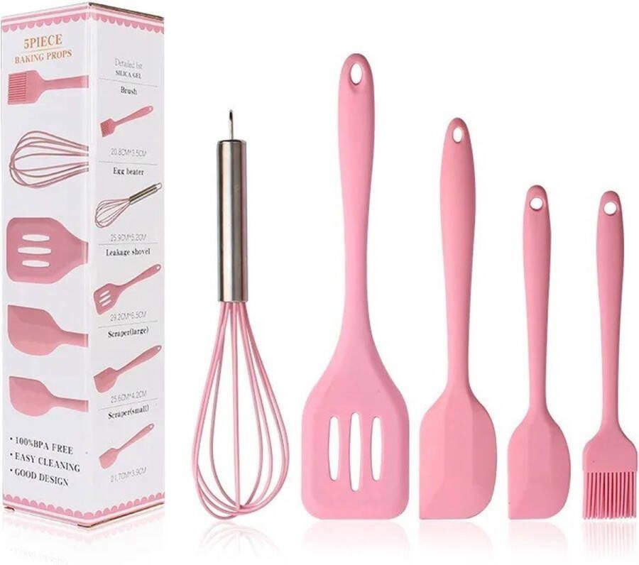 Siliconen Bakset Kookgerei Siliconen Kookgerei set keukenaccessories 5-delig Anti Aanbak Kleur Roze Kookgerei set