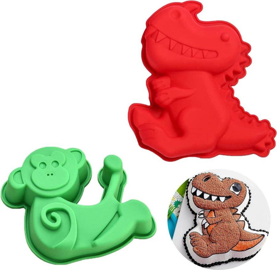 Siliconen bakvorm dinosaurus aap 3D cakevorm kinderverjaardag doe-het-zelf feest verjaardagen (2 stuks)