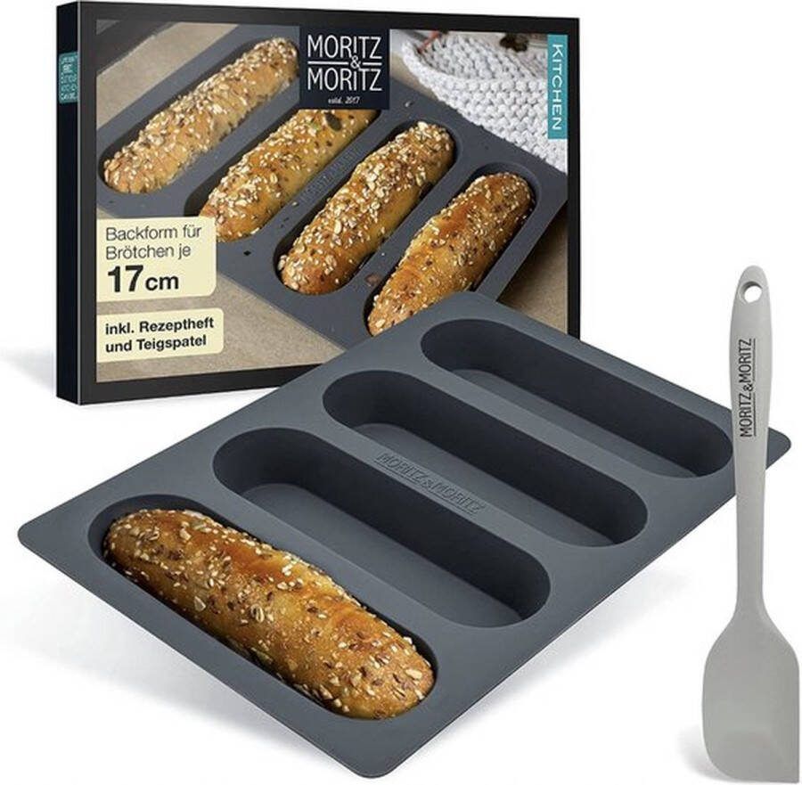 Siliconen bakvorm voor hotdogbroodjes en mini-baguette 17 cm inclusief deegschraper en receptenboekje