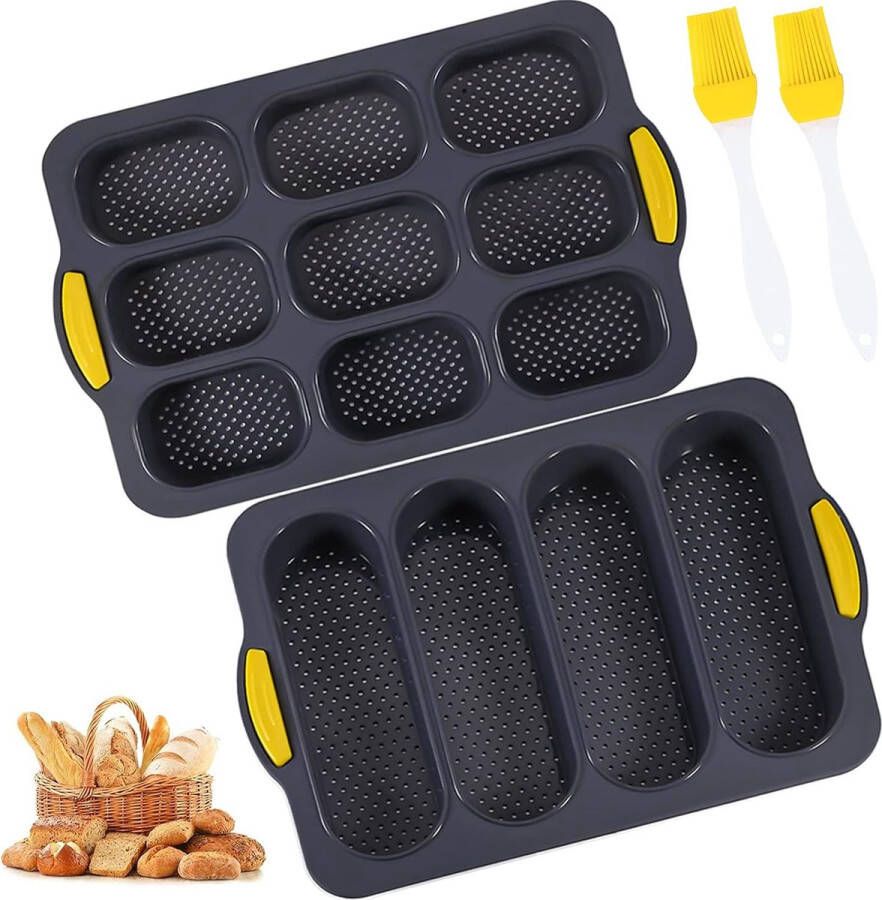 Siliconen broodbakvorm 2 stuks stokbrood bakvorm mini stokbrood bakplaat 4 golfsleuven siliconen stokbrood bakplaat 9 stuks broodjes bakvorm met olieborstel perfect voor