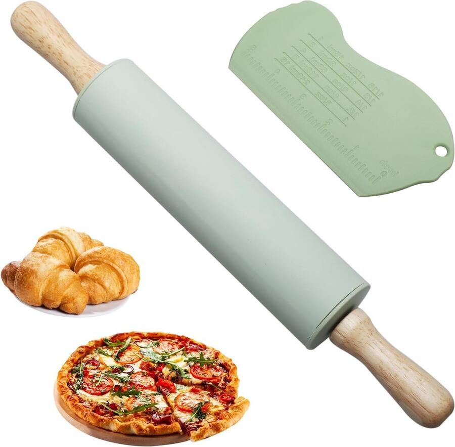 Siliconen Deegroller met Houten Handvat en Siliconen Deegschaaf – Perfect voor Bakken van Pizza Gebak en Fondant