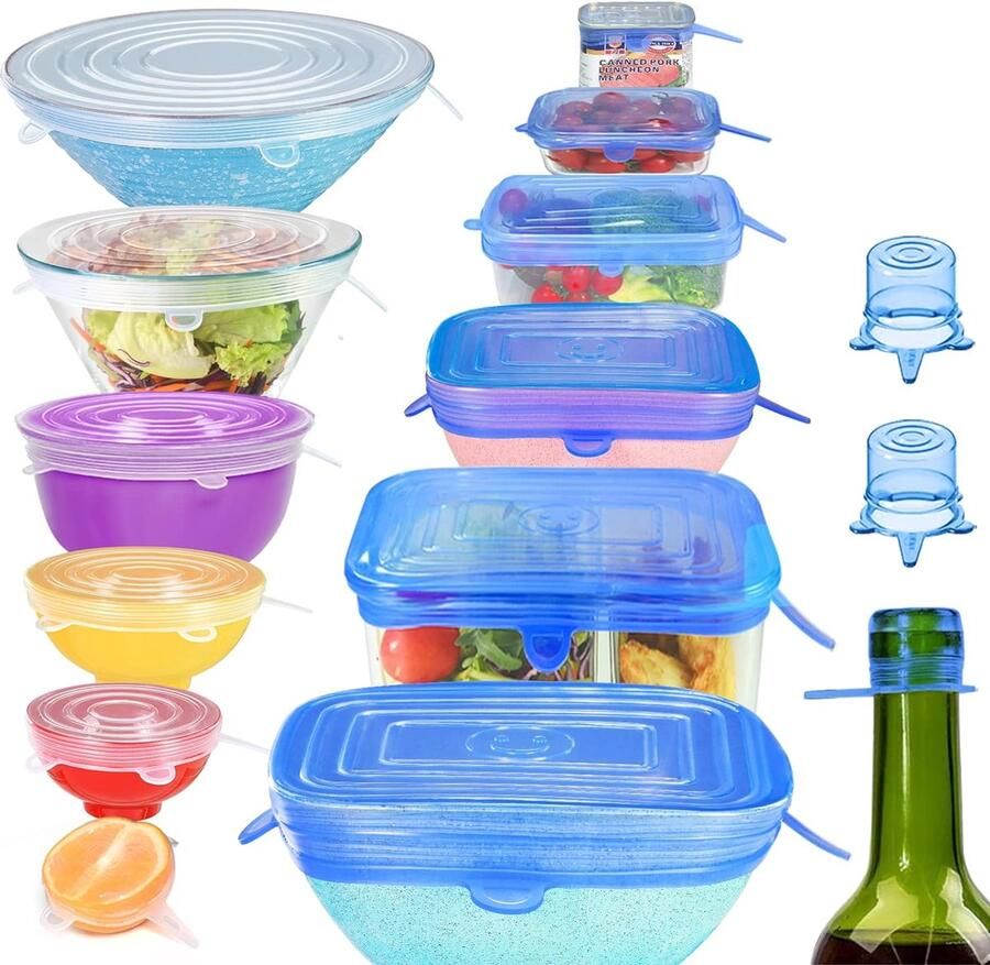 Siliconen deksels set van 15 verschillende maten rekbaar siliconen deksel stretch deksel herbruikbaar voor schalen potten glazen blikjes bekers bierfles rond + rechthoekig