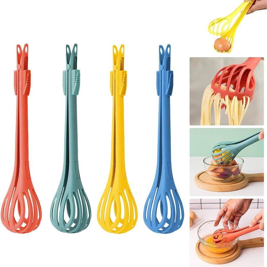 Siliconen garde 4 stuks 2-in-1 garde food clip & egg whisk multifunctionele eierklopper halfautomatische garde pasta spaghettitang voedselclips voor eetkamer