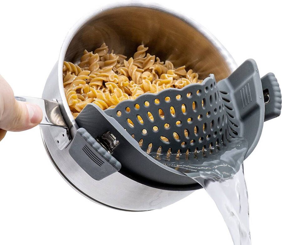 Siliconen hangzeef vaatwasmachinebestendig en voedselvriendelijk pastazeef vergiet stoominzetstuk keukenzeef met clip (grijs)