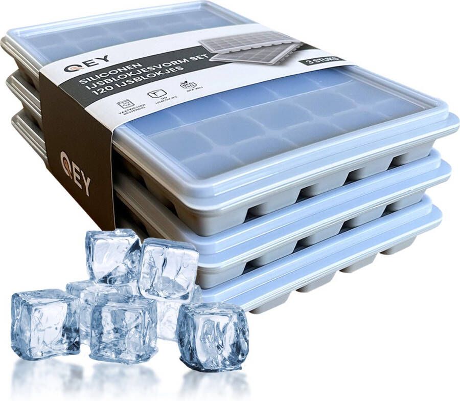 QEY Siliconen IJsblokjesvorm met Deksel (3 Stuks) 120 ijsblokjes Vierkant BPA Vrij 100% Silicone Grijs