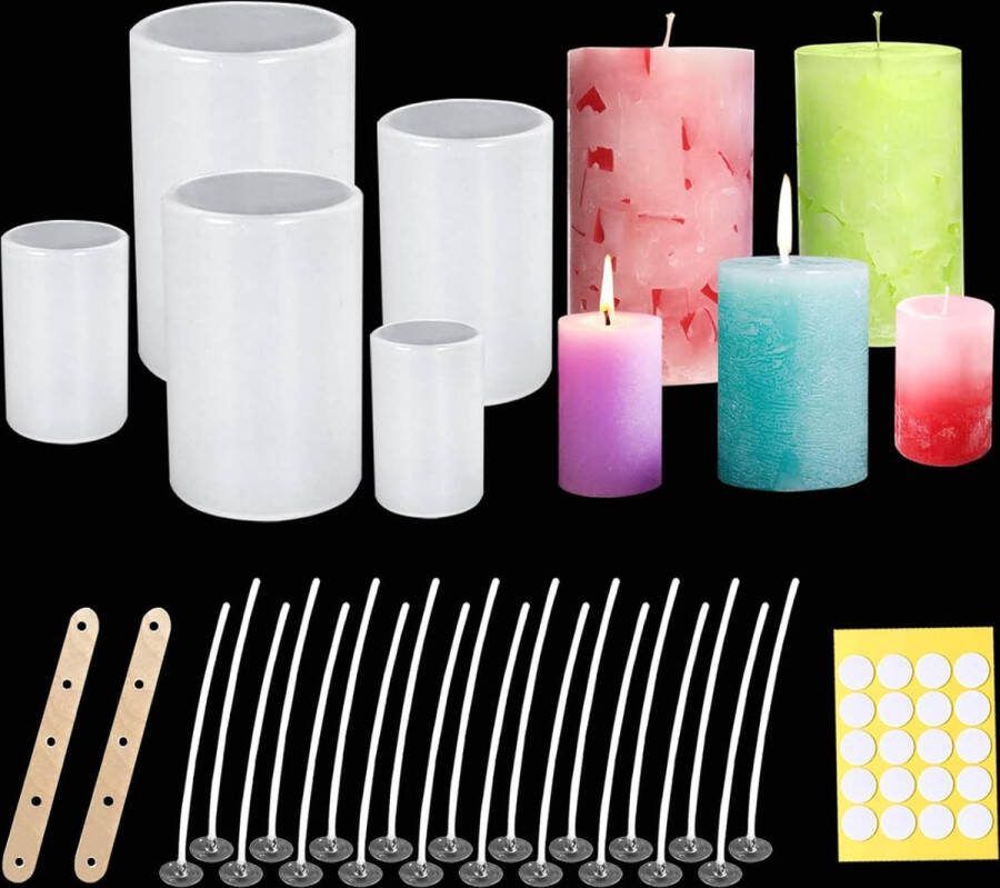 Siliconen Kaars Mallen 5 STKS Cilinder Pijler Siliconen Kaars Mallen Diy Hars Casting 3D Mold Handgemaakte Ornament Decor voor het maken van Wax Mallen met Kaars Wicks en Metalen Houder