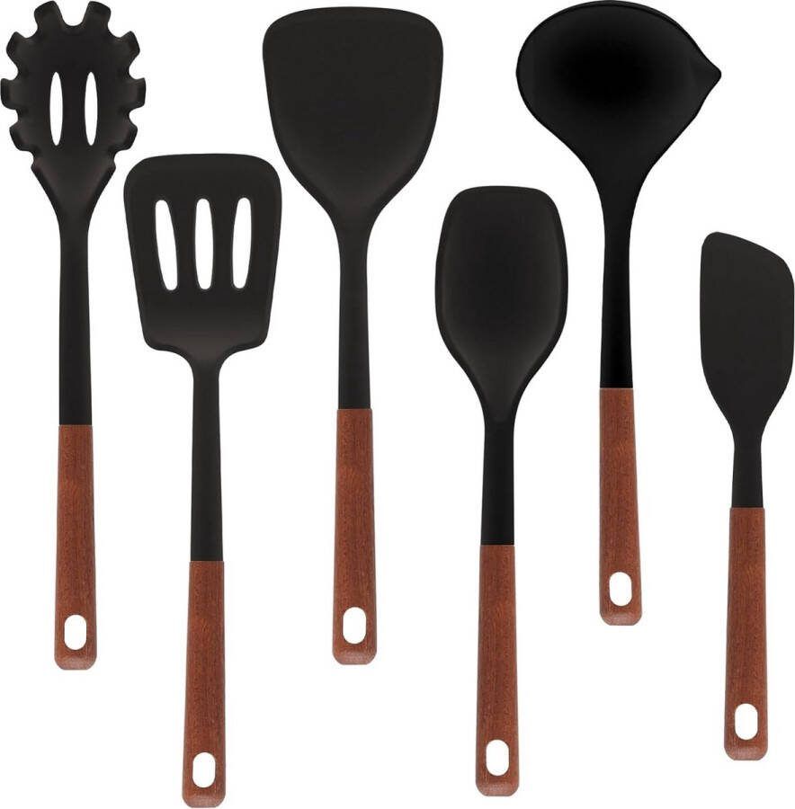 Siliconen keuken kookgerei set 6-delig hittebestendig kookgerei met houten handvat antiaanbaklaag BPA-vrij vaatwasmachinebestendig Turner pollepel pastaserver (zwart)