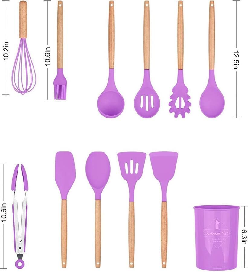 Siliconen Kookgerei Keukengerei Set 12 Stuks Natuurlijke Houten Handgrepen Koken Tool Bpa Gratis Niet Giftige Siliconen Turner Tang Spatel Lepel Keuken Gadgets Gebruiksvoorwerp Set (Paars)