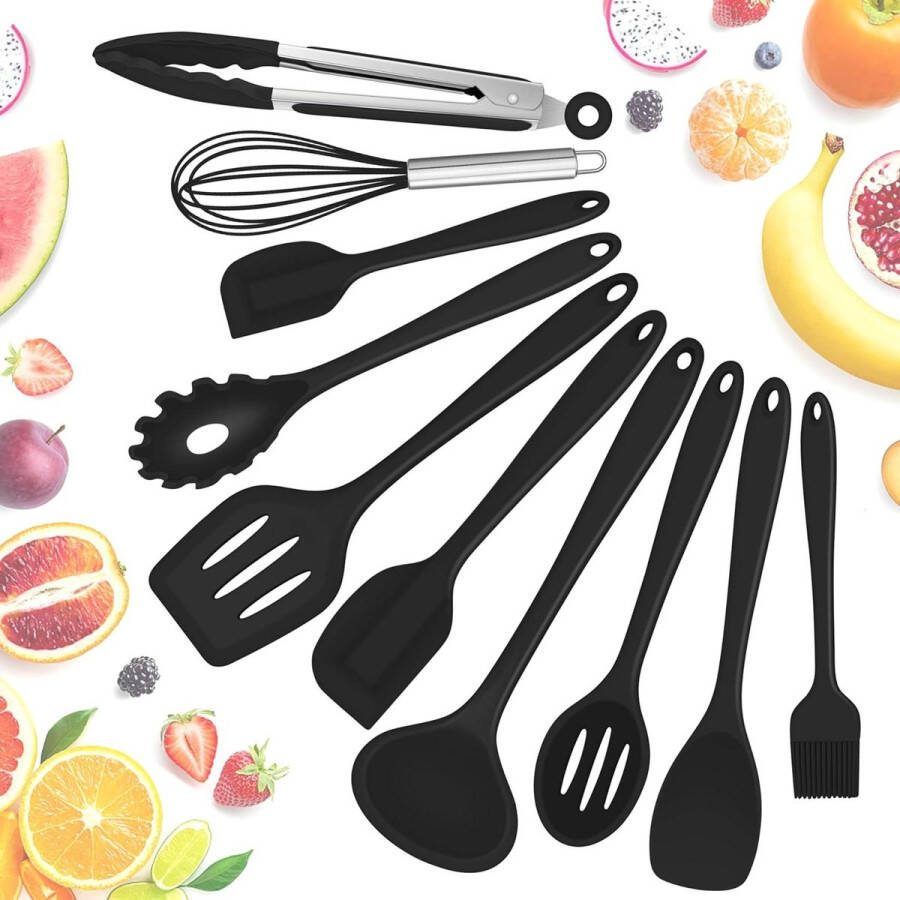 Siliconen kookgerei set 10 stuks spatel keukenset voor koken en bakken krasbestendig en hittebestendig vaatwasmachinebestendig zwart