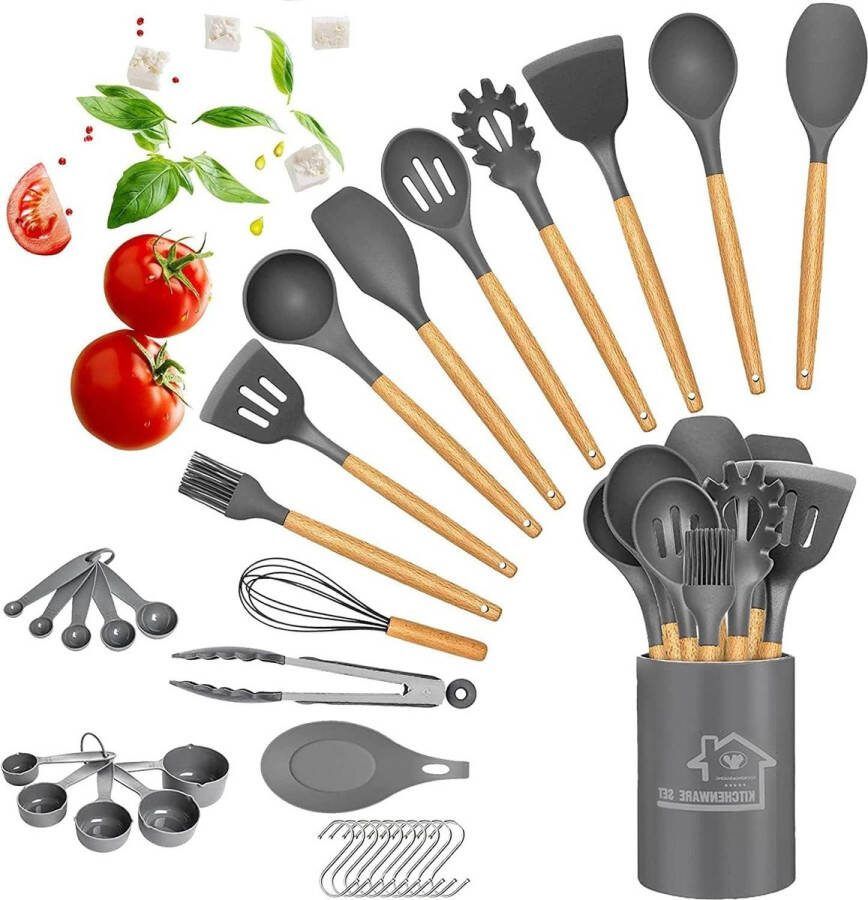 Siliconen kookgerei set 33 stuks met houder houten handgrepen hittebestendig BPA-vrij keukengerei spatel niet-toxisch beste keuken gadgets gereedschap voor kookgerei grijs