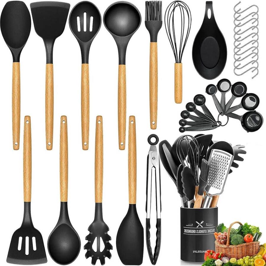 Siliconen Kookgerei Set 34 stks Non Stick Spatel Set Houder Houten Handvat Keuken Gadgets Gebruiksvoorwerp Set