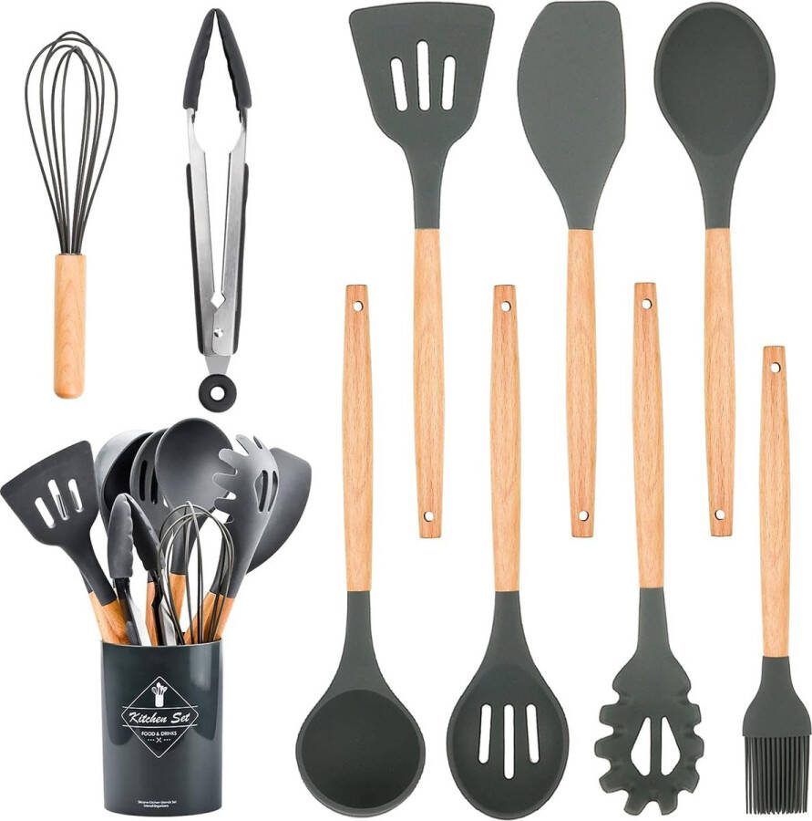 Siliconen kooklepelset 9-delige keukengerei keukenaccessoires antiaanbaklaag hittebestendige keukengereiset met houten handvat BPA-vrij siliconen kookbestekset voor bakken en koken